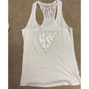 Guess Signature Tank Top White Women’s XL Silver Trim Sparkle Rhinestone